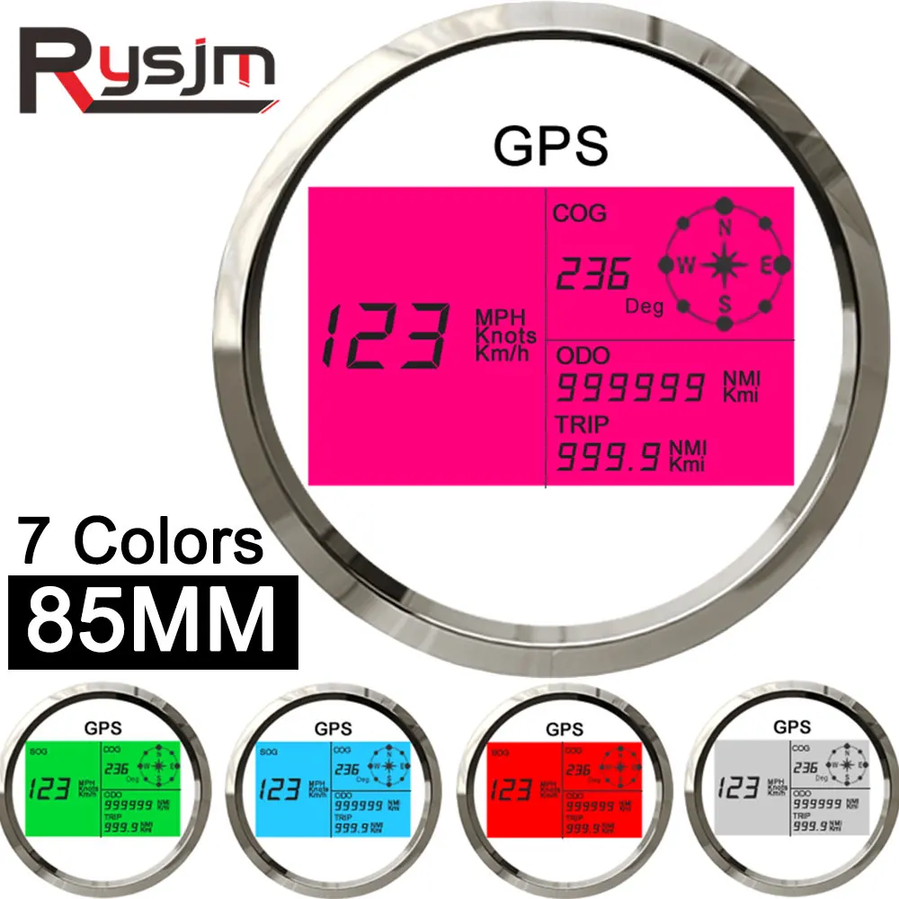 7 צבעים אוניברסלי 85mm LCD דיגיטלי GPS מד מהירות מעל למהירות זמזם אזעקה עמיד למים מד מרחק הנסיעה שיניים 12V 24V + אנטנת GPS