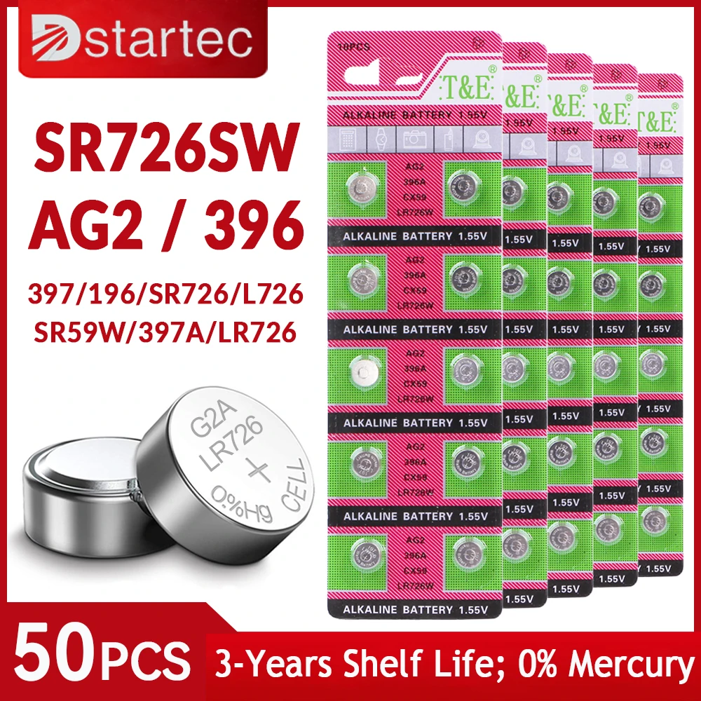DStartec 50PCS AG2 מטבע סוללה LR726 396 לחצן תא אלקליין סוללות 1.55 V SR726SW 396A LR726 397 עבור שעונים צעצועים לא כספית