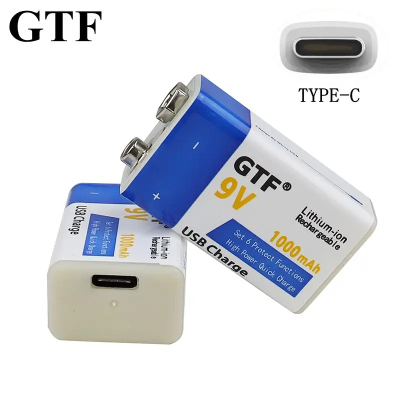 GTF 9V 1000mAh Type-C Li-ion סוללה נטענת USB סוללת ליתיום עבור מיקרופון צעצוע בשלט רחוק זרוק משלוח