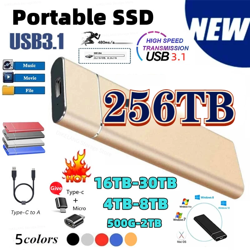 SSD חיצוניים 256TB נייד Solid State Drive כונן פלאש נייד TypeC USB מיני סלים במהירות גבוהה העברת זיכרון פלאש המכשיר