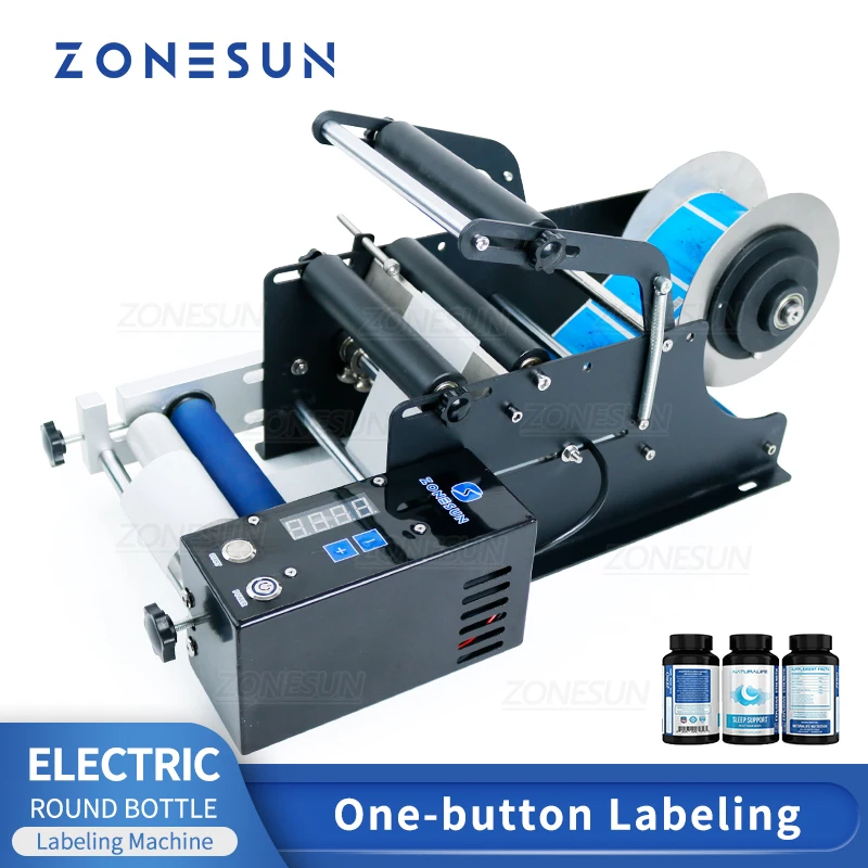 ZONESUN מדבקה מכונה חשמלית Handiness פלסטיק עגול זכוכית בגדלים שונים, בקבוק, צנצנת תיוג מכונה תווית המוליך