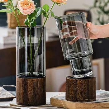 אגרטלים פשוט האירופי צמח הידרופוני ביתי בסלון שולחן מוכנס פרח עץ בסיס שקוף אגרטל זכוכית עיצוב הבית