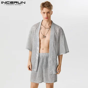 INCERUN 2023 בסגנון אמריקאי סקסי אופנה סטים של גברים פלאש בד רופף חצי שרוול סוודר קימונו מכנסיים קצרים מזדמנים שתי ערכות קטע