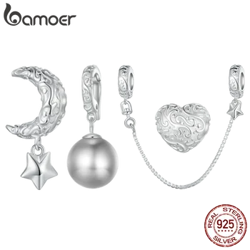Bamoer 925 כסף סטרלינג ירח וכוכב חרוז איכות מעטפת תליון פנינה קסם על נשים צמיד ושרשרת DIY תכשיטים יפים
