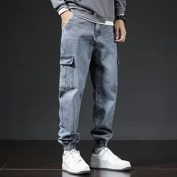 באגי ג 'ינס גברים שחור כחול ג' ינס קרועים היפ הופ אופנת רחוב הרמון באורך קרסול מכנסי ג ' ינס אלסטי המותניים מזדמנים מכנסיים Harajuku