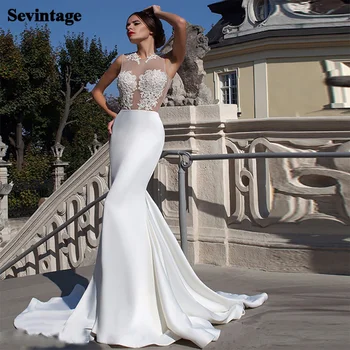 Sevintage בתולת ים שמלת החתונה 2021 סקסי אשליה או הצוואר התחרה Appliqued סאטן שמלות כלה בוהו כלה שמלה בהזמנה אישית