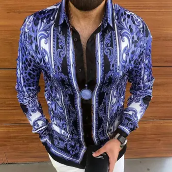 חדש פאנק סגנון הגברים משי סאטן דיגיטלי הדפסת חולצות זכר Slim Fit שרוול ארוך פרח הדפסה מזדמן מסיבת החולצה מקסימום 2023