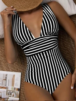 2023 פסים V-צוואר חתיכה אחת של בגדי וינטג ' מרופד בגדי ים נשים בגד ים בגד ים נשי ללא משענת Beachwear בגד גוף