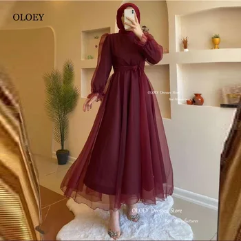 OLOEY צנוע כהה יין אדום אורגנזה מוסלמי ערבי נשים רשמי שמלות ערב גבוה צוואר שרוולים ארוכים אמא הכלה שמלות לנשף
