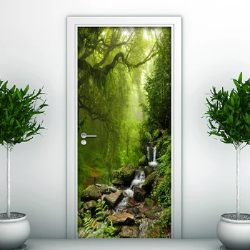 3D דלת מדבקת PVC עמיד למים דביק ירוק יער האבנים קריק הדלת ציור קיר טפט עבור המטבח הסלון קיר חדר השינה