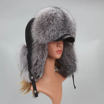 מקורי סילבר פוקס בכובע פרווה עם מחממי אוזניים טבעי פרווה, כובעים עבור נשים רוסיות המחבל כובעים טראפר כובע עם עור אמיתי עליון