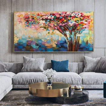 יד מצוירת ציור שמן על קיר מופשט גן עדן הזהב תפוח עץ אדום ורוד בד ציורים מודרניים, עיצוב הבית תמונות