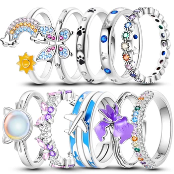 טבעות לנשים כסף סטרלינג 925 אופנה פרפר צבעונית טבעת פתוחה זוהר מעוקב זירקון חתונה אלגנטית אירוסין תכשיטים