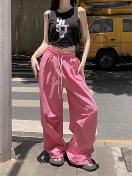 Deeptown Y2K ורוד מכנסי צניחה נשים הענקית הקוריאנית סגנון היפ הופ מסלול מכנסיים יבש מהירה שרוך רחב הרגל טריינינג