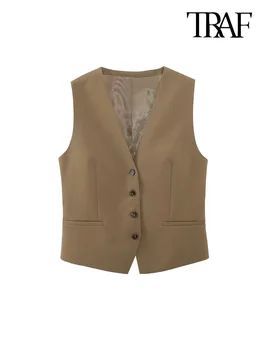 TRAF נשים אופנה הקדמי כפתור קצוץ הז 'קט וינטג' צוואר V שרוולים נקבה הלבשה עליונה שיק וסט צמרות