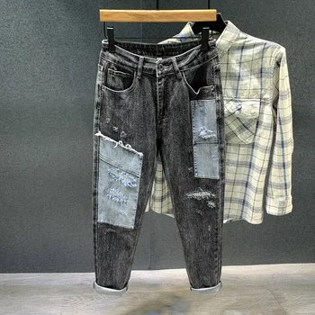 טלאים ג 'ינס גברים מעורב צבע נקרע חור ג' ינס מכנסיים אמריקאי פשוט סלים אופנה למתוח אישיות סרבל מכנסיים