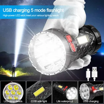 7LED חזק פנס עם קלח צד האור טעינת USB 5 מצב תאורה לפיד אוהל קמפינג אור חיצוני עמיד למים פנס
