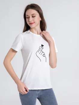 YRYT חדש קיץ אופנה נשים למעלה מ תבנית לב צוואר עגול לבן טהור עט ליבה מודפס שרוול קצר חולצת נשים