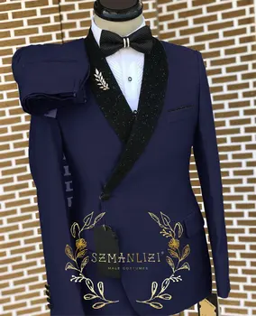 העיצוב החדש של חיל הים כחול כפול עם חזה חליפות גברים Slim Fit תחפושת Homme חתונה חליפות 2 חלקים החתן מסיבת הסיום הכי טוב גבר בלייזר