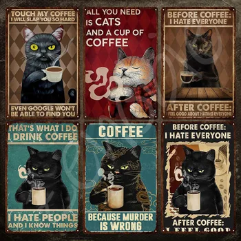 שלט מתכת קיר בעיצוב חתול וקפה פח שלט עם טקסט זה מה שאני עושה, אני שותה קפה אני שונא אנשים, אני יודע דברים פלאק