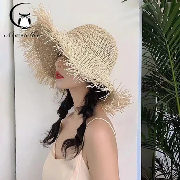 אירופאי ואמריקאי אופנה ציצית קש רחב שוליים לנשים נוח ונושם כובע השמש UV עמיד מתקפל החוף הכובע