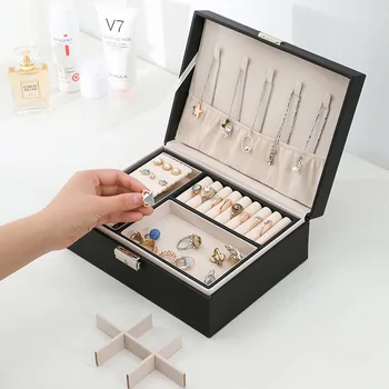 גדול שני שכבת עור תכשיטים ארגונית קופסא של נשים בנות לנעילה עם תאים מרובים טבעת תכשיטים להציג קופסאות מתנה