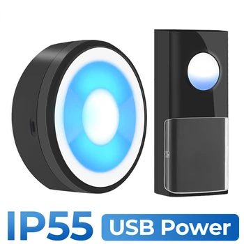 USB מופעל חכם אלחוטי פעמון פעמון הדלת מצלצל פעמון קורא IP55 עמיד למים 433MHZ LED לילה אור הביתה Plug-חינם