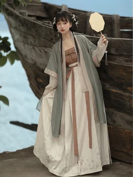 סיני Hanfu השמלה 4PCS ערכת תה ירוק זורם שמלת מקסי סינית עתיקה נשים רקמת שמלת תחפושת ירי סיום הלימודים.